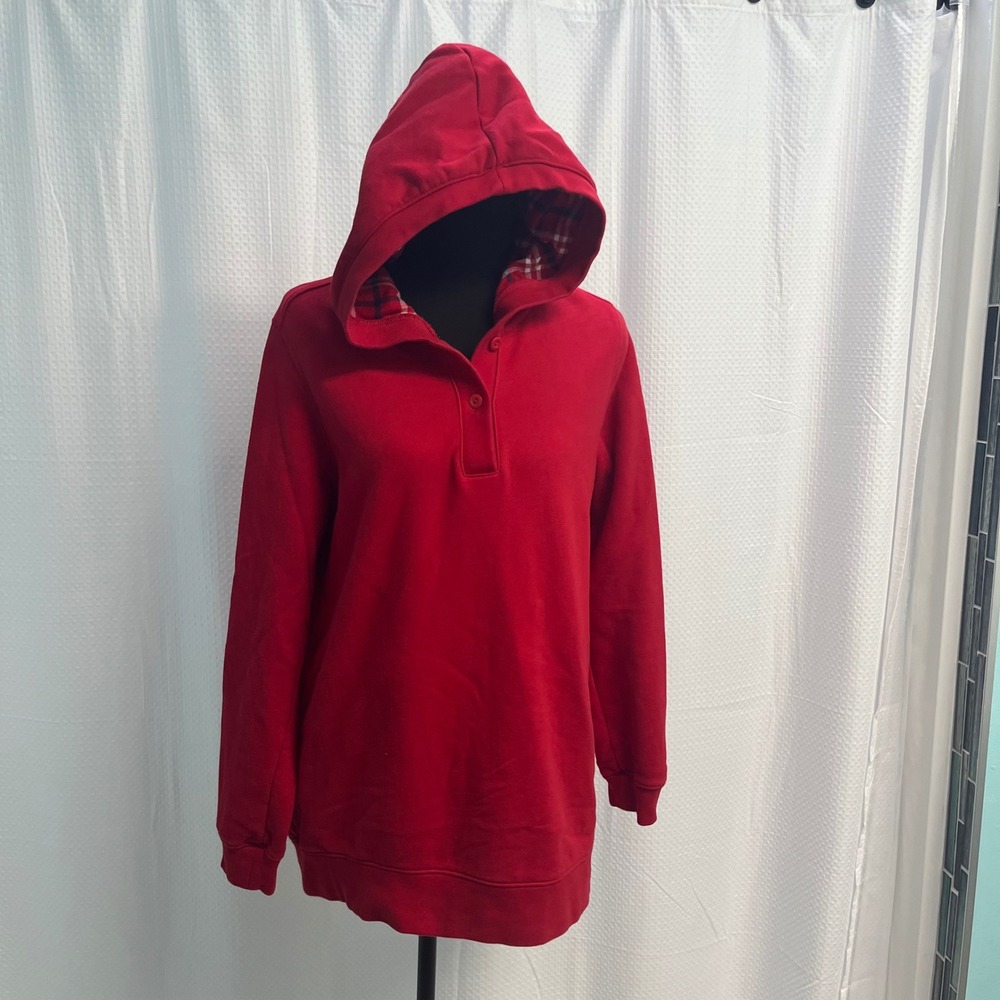 Lands End Serious Sweats Red Henley Hoodie Plaid Lined Tunic Womens Medium 10-12